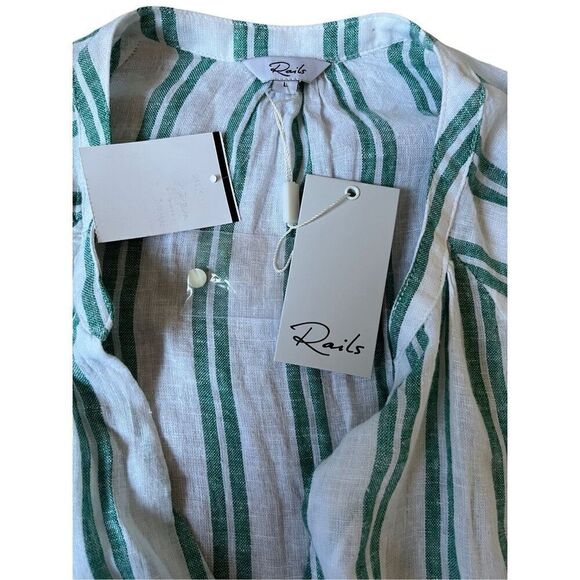 NEW RAILS Jasmine Dress Size L Green White Linen Blend Mini Long Sleeve - Picture 5 of 12